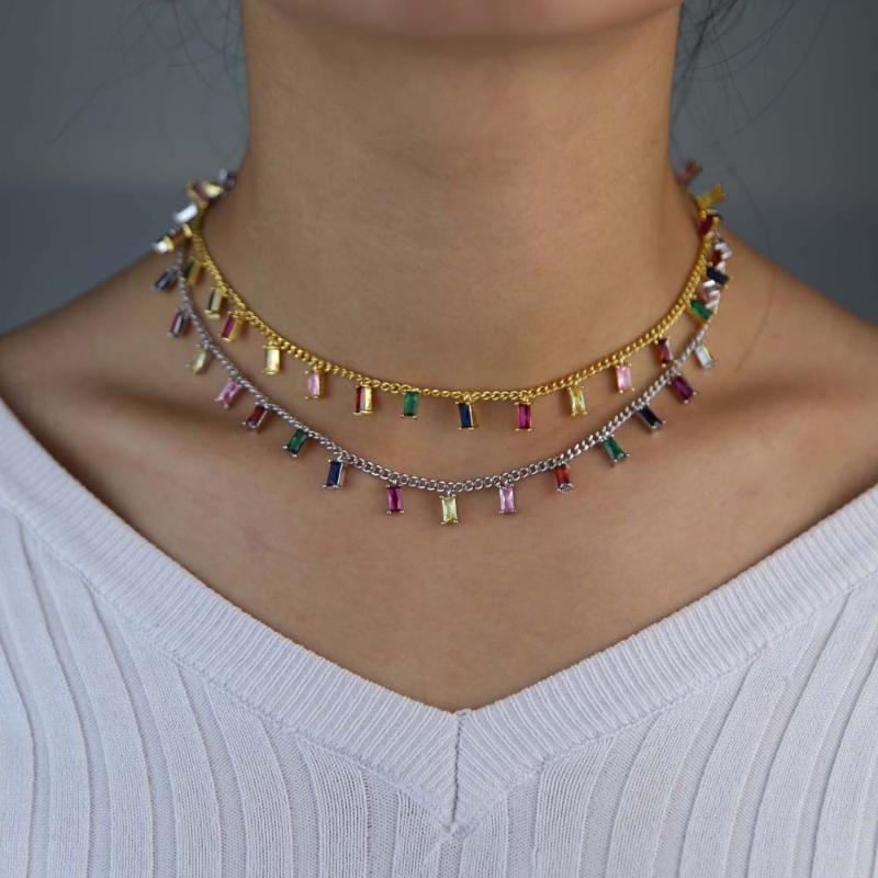 

Chokers Fashion Gold Necklace For Women Charming Colorful Stone Chain Handmade Baguette Rainbow Cz Party Jewelry Wholesale