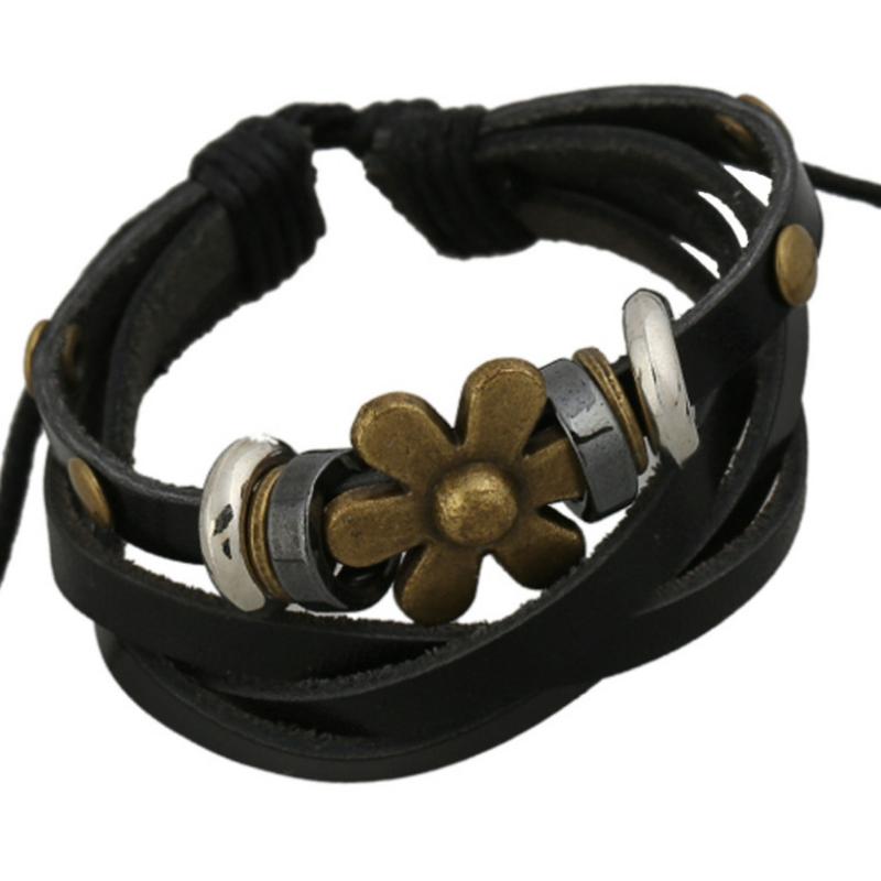 

Fashion Retro Flower Black Leather Bracelet Multilayer Vintage Beads Charm Wrap Bangle Adjustable Wristbands Hiphop Jewelry Gift