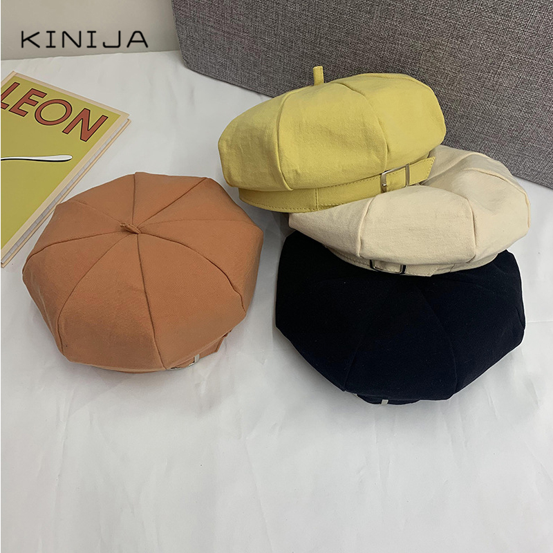 

Short brim British femaleRetro beret spring summer thin breathable painter hat metal buckle octagonal four-corner hat bucket
