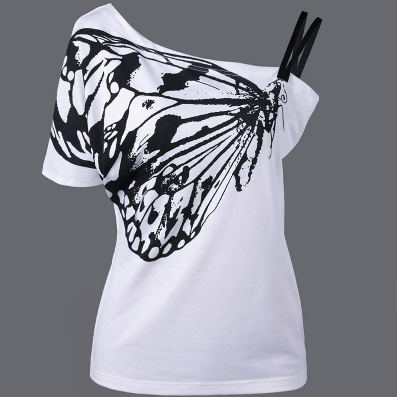 

LIBERJOG Women Butterfly Printing T-Shirts Cotton Short Sleeve Knitted Summer Female Sexy Loose Tops Irregular Strapless TShirt, Pink