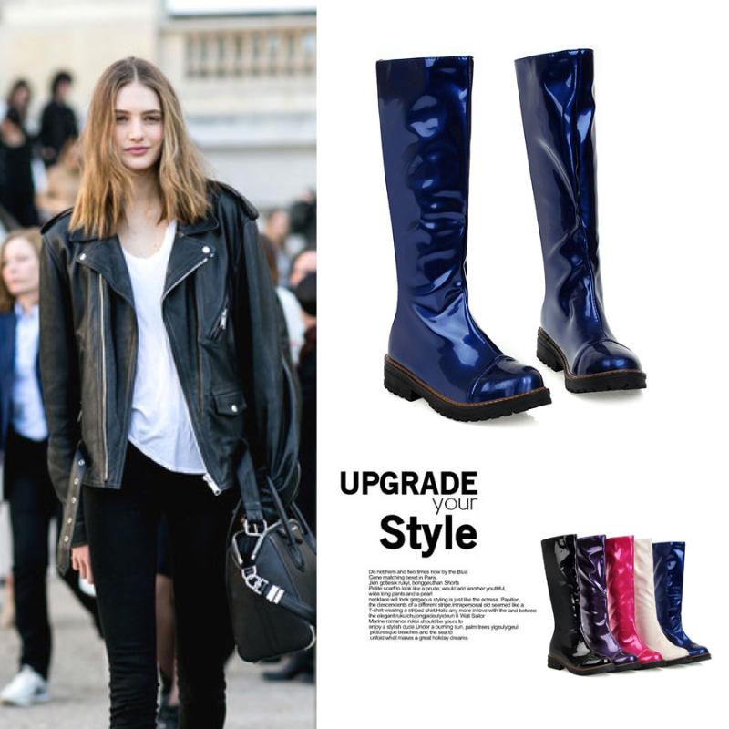 

Drop Shipping 2020 Women Knee High Boots Patent Leather Flat Anti-slip Rubber Rainy Day Shoes Woman Botas Mujer Plus Size 34-43, White