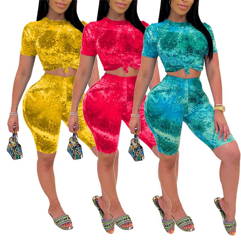 

Tie Dye Print Women Short Sleeve T-shirt Crop Top High Waist Shorts Pants Workout Tracksuit Summer Outfit 2pcs Set, Red