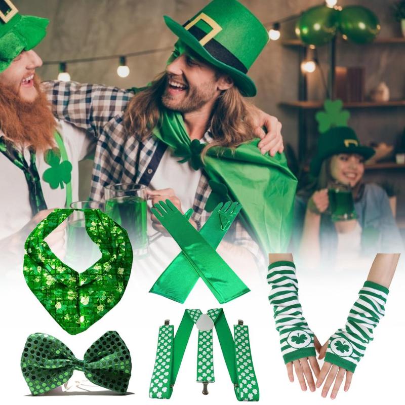 

4PCS Green Gloves With Bow Tie Suspender Scarf Irish Party Funny Accessory For St. Patrick's Day Decoration