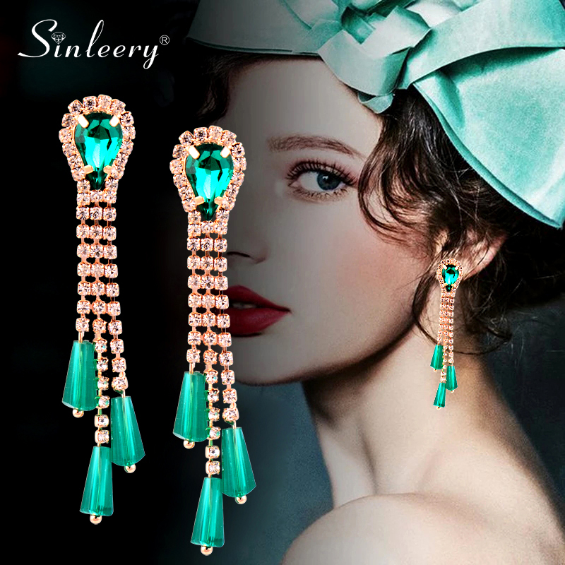 

SINLEERY Long Tassel Statement Earrings Yellow Gold Color Green Cubic Zirconia Earrings For Women Mother's Day Gift ES880 SSB