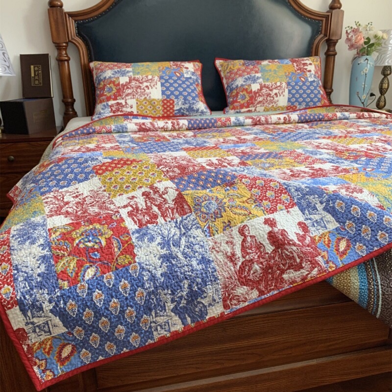 

CHAUSUB Quilt Set Cotton Quilts For Bed Bedspreads 3pcs Vintage Print Quilted Bed Cover  Queen Size Coverlet Summer Blanket, As picture