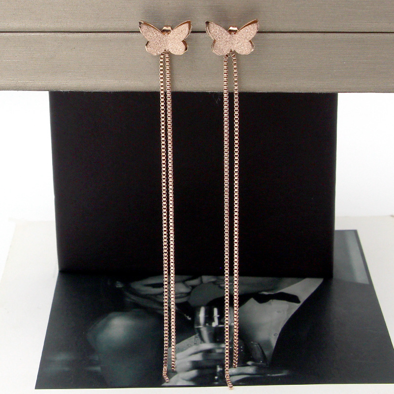 

Fashion new beautiful rose golden frosted butterfly hanging box chain tassel earrings wild titanium steel women earrings