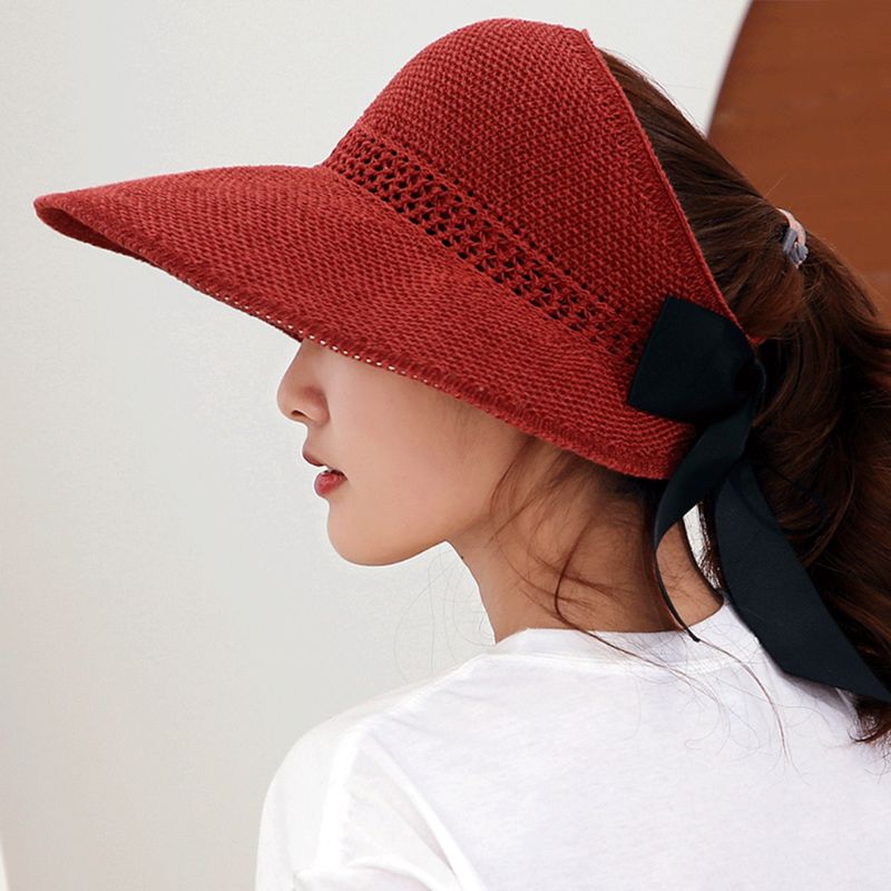 

Womens Summer Foldable Straw Weave Sun Hat Long Ribbon Bowknot Open Top Wide Wavy Brim Hollow Beach Bucket Cap