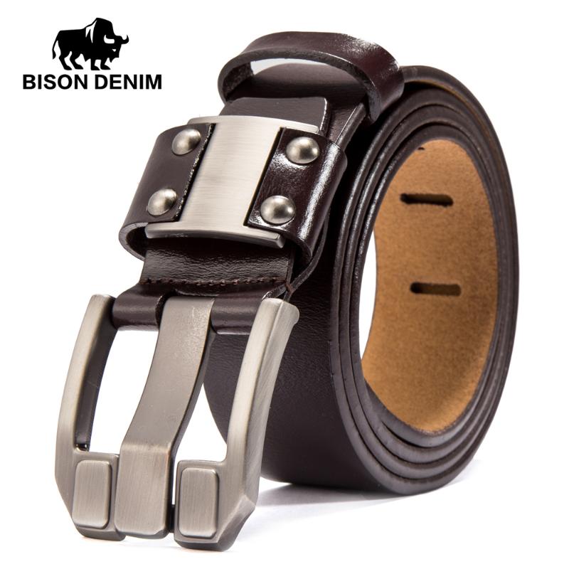 

BISON DENIM Men's Jeans Belts Pin Buckle Cowhide Genuine Leather Belts Vintage Brand Waistband Strap Belt For Men Male N71350, Black
