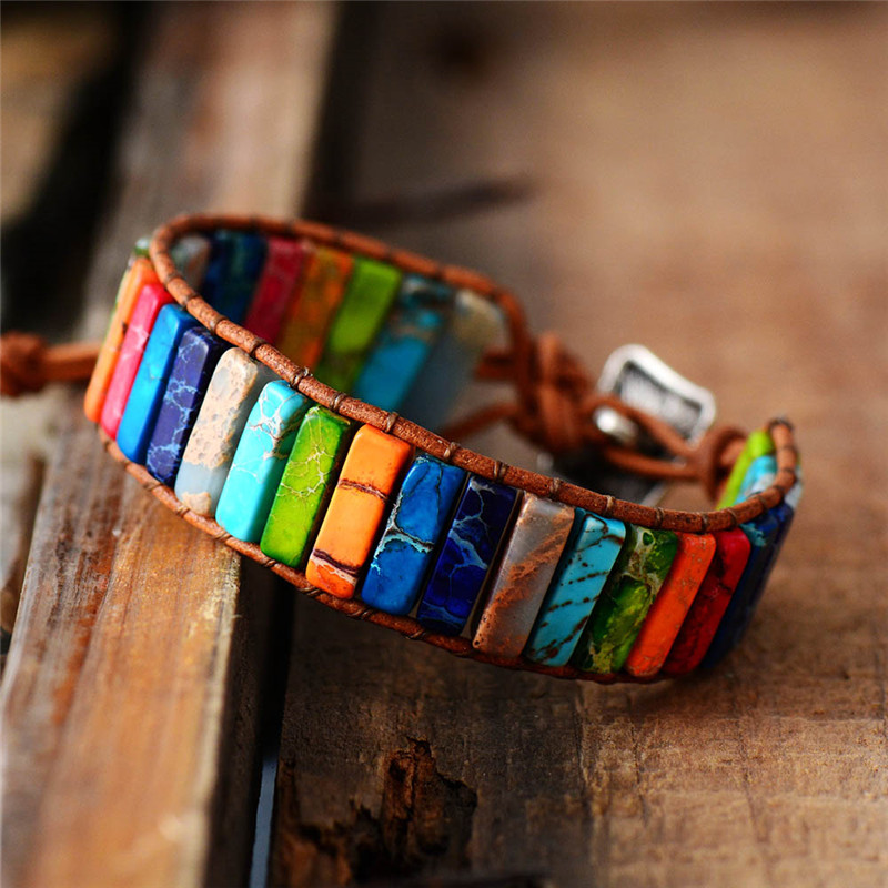 

1PC Chakra Bracelet Jewelry Handmade Multi Color Natural Stone Tube Beads Leather Wrap Bracelet Couples Bracelets Gifts