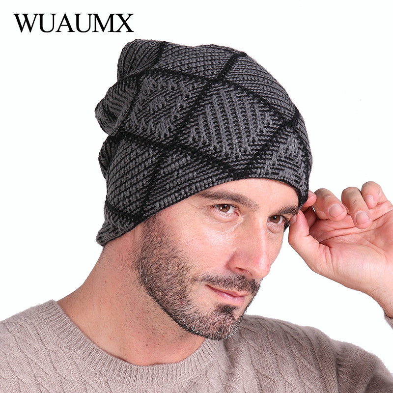 

Wuaumx Casual Warm Winter Hats For Men Skullies Beanies For Man Lining With Velvet Plaid Knitted Cap bonnet homme czapka zimowa