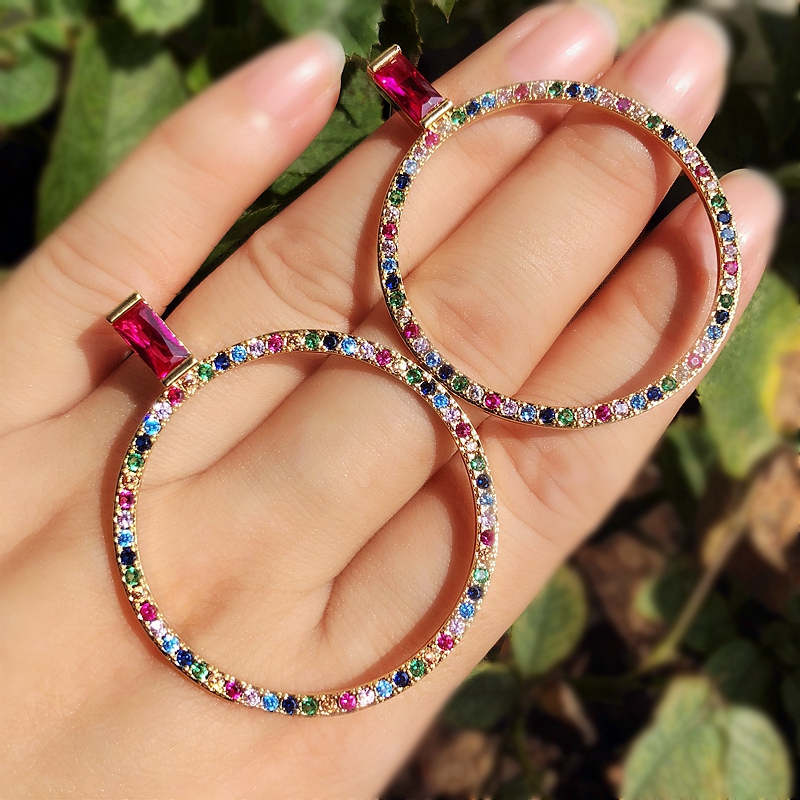 

Big round Hollow Pave Rainbow Cubic Zirconia stone Stud Earrings for Women Geometric Gold color large red Earring Bijoux Jewelry