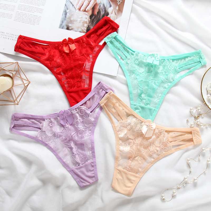 

Cute Lace Underwear Women Sexy Hollow Transparent Temptation Thong Low Waist Ultra-Thin Cotton Crotch Panties Erotic Lingerie, Black