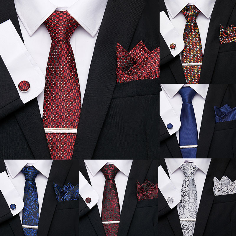 

7.5 cm 100% Silk Men's Ties Clip Handkerchief Cuffink Necktie Set Red Stripe Necktie Formal Dress Accessories Party Gift for Man