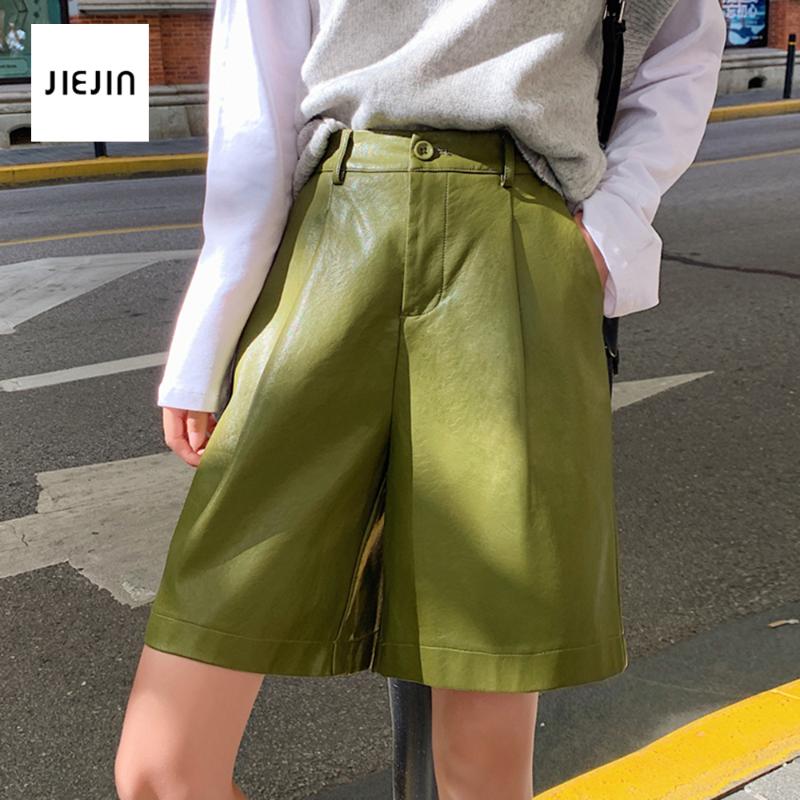 

3XL female big size PU Leather Shorts Women' Winter Elastic Waist Loose Five Points Leather Trouser Plus Size Shorts for fat, Beige