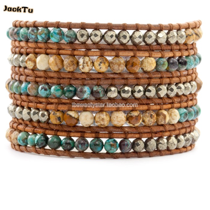 

green beads mix pyrite bead mens leather bracelet beach bracelet
