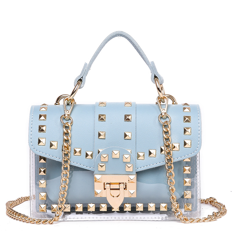 

Women high quality fashion handbags stylish plain lock and chains web celebrity transparent small square shoulder bag, Blue