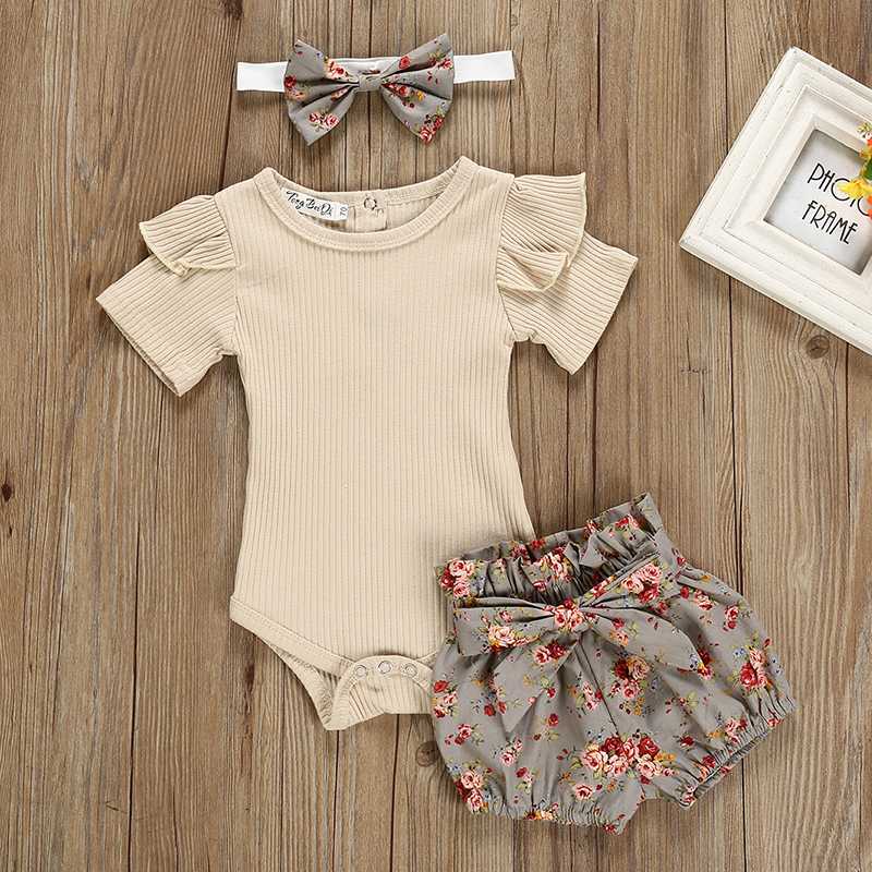 

3Pcs Baby Girl Clothes Summer Solid Color Cotton Short Sleeve Romper Flower Pants Headband Outfits Set Newborn Infant Clothing, Khaki