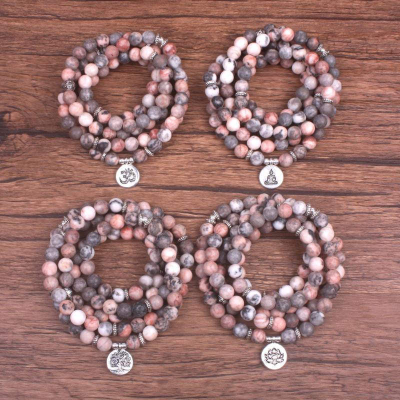 

New design Pink Zebra Jaspers bracelet or necklace women jewelry 108 mala with Lotus OM Buddha Charm Yoga Bracelet dropshipping