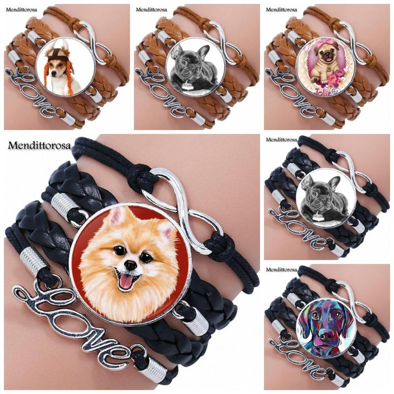 

EJ Glaze For Child Glass Cabochon Round Multilayer Black/Brown Leather Bracelet Bangle Jewelry Gifts Pet Dog Dog