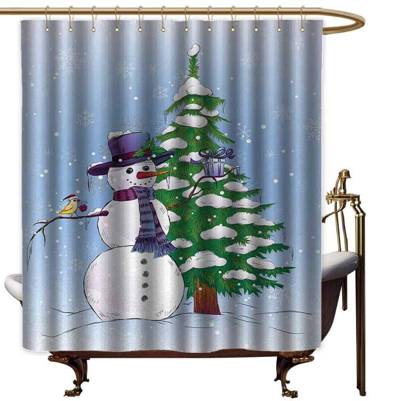 

Christmas Extra Wide Shower Curtain Snowman in The Winter with Mistletoe Present Top Hat and Scarf Tree and Bird Fabric Shower