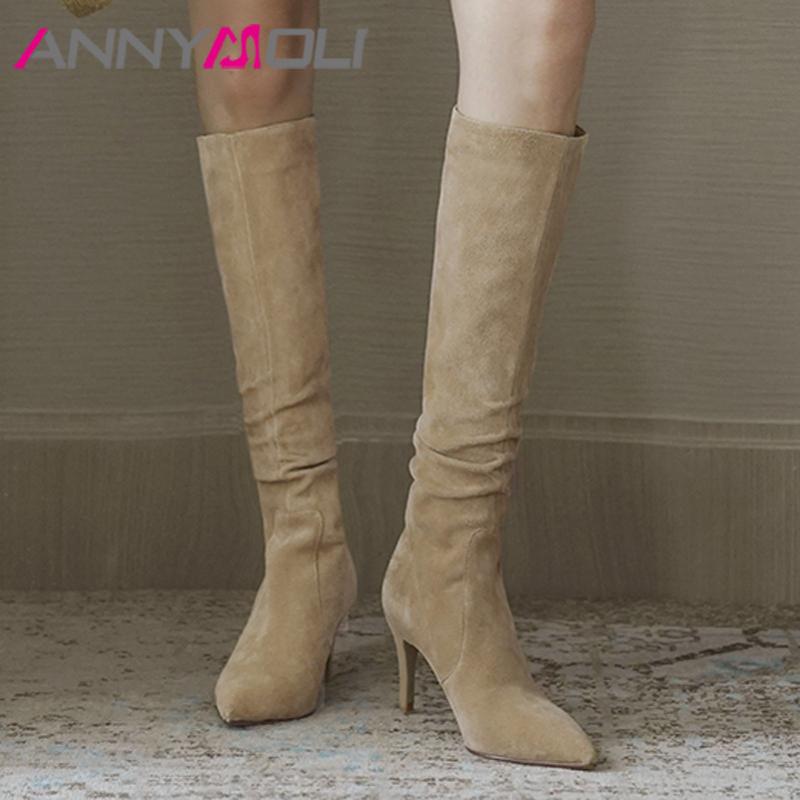 

ANNYMOLI Cow Suede High Heel Knee High Boots Women Shoes Pointed Toe Stiletto Heels Pleated Long Boots Ladies Autumn Apricot 40