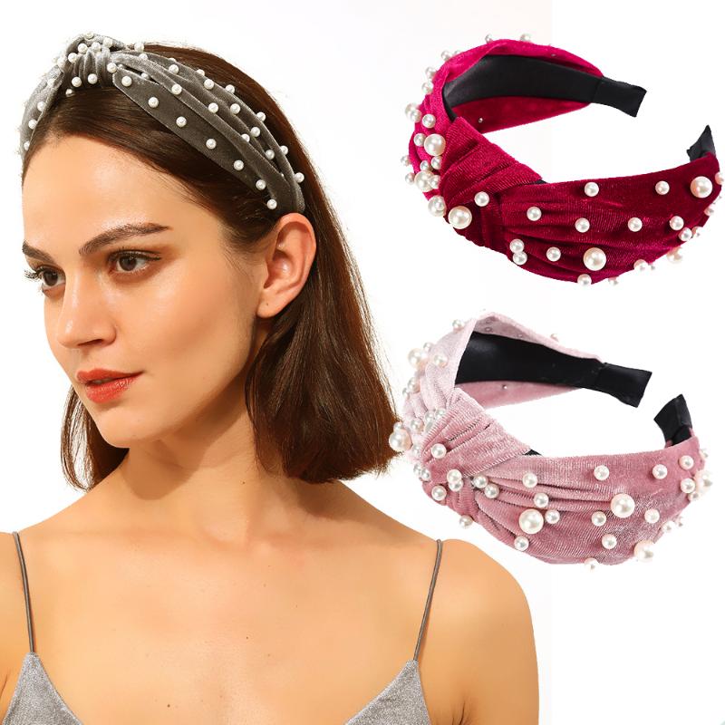 

Girls Wide Headband Knot Headwear Retro Hairbands With Faux Pearl Hair Hoop Elastic Headdress Fashion Hair Accessories For Women