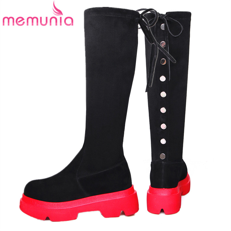 

MEMUNIA 2020 hot sale suede leather knee high boots women lace up rivets autumn winter Stretch boots woman platform, Red
