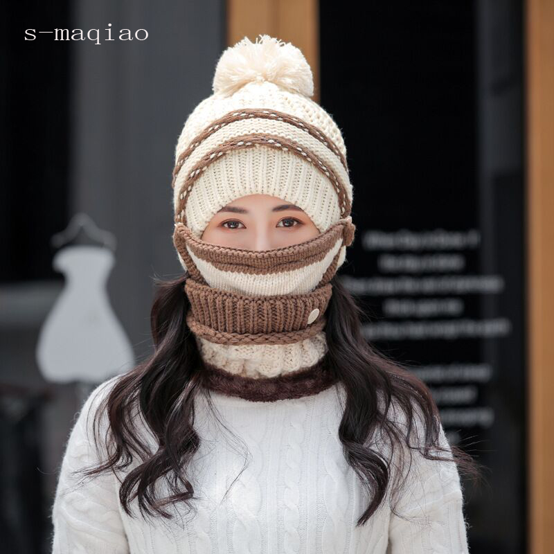 

Women Winter Velvet Thick Bib Mask Skullies Beanie Hat Dustproof Hats Female Warm Mask Neck Protector 3 PC Set knitted Wool Cap, Red