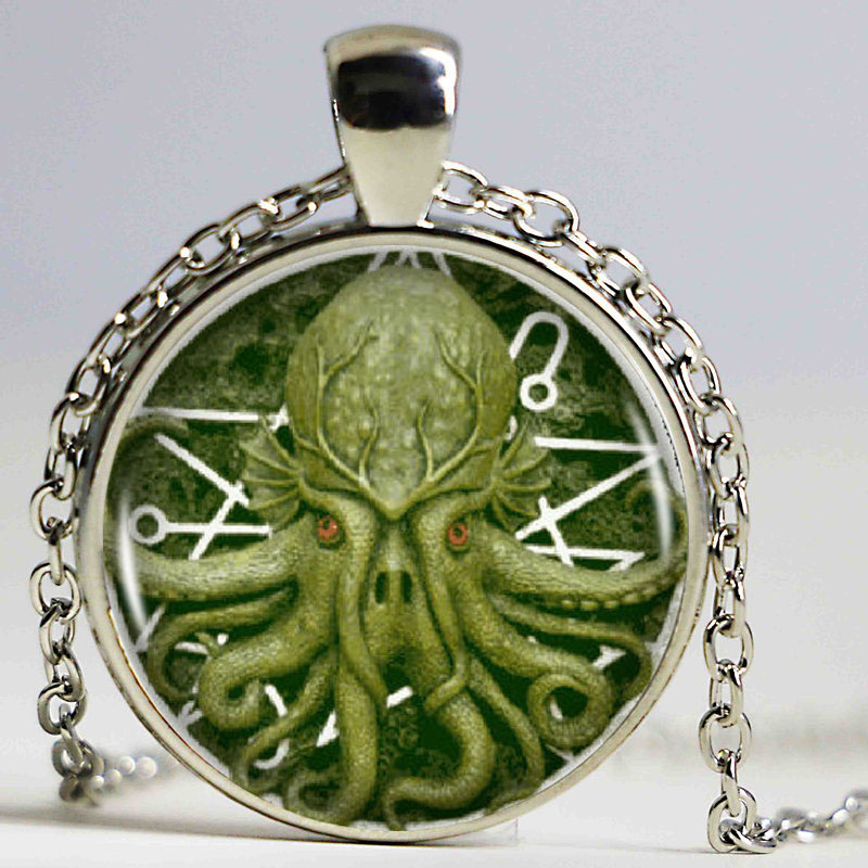 

1pcs/lot Pentagram Kraken Cthulhu Pendant & Necklace Cabochon Vintage Long Sliver Chain Statement Necklace Fine Jewelry