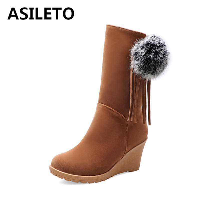 

ASILETO Women Ankle Boots zipper round Toe Footwear wedge high Heels Female Boot Shoes Woman 2020 platform Booties fur ball bota, Black
