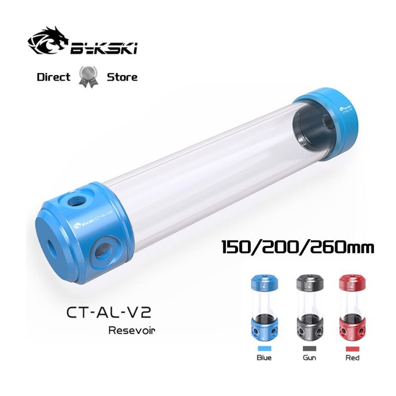 

Bykski Cylindrical Reservoir 150/200/260mm Length Acrylic Water Tank Aluminum Cover Transperant 3 Outlets Water Cooler CT-AL-V2