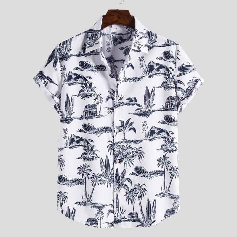 

Men Shirt Vintage Ethnic Printed Turn Down Collar Short Sleeve Loose Hit Color Hawaiian Casual Shirt Streetwear Chemise Homme, White