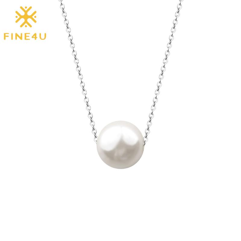 

FINE4U N374 Single Round Pearl Pendant Necklace For Women Stainless steel Chain Necklaces White Pearls Jewelry