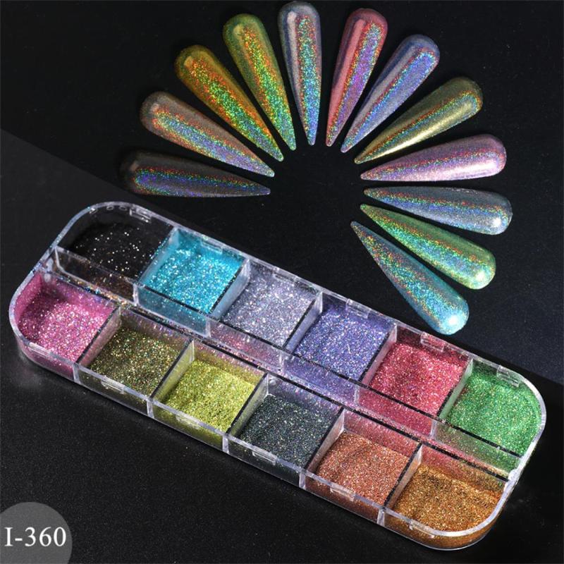 

12Grids 2020 Summer Laser Holographic Silver Blue Nails Glitter Dust DIY Charm Pigment Chrome Nail Powder Nail Art Decorations