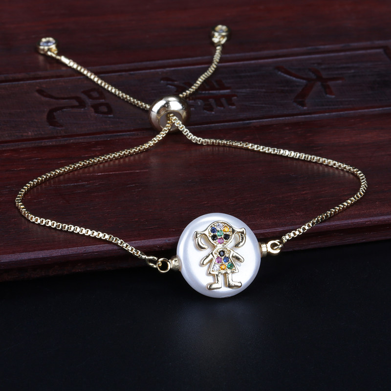 

Rainbow Mix Cz Micro Paved Tiny Child Kid Image On Flat Round Pearl Connector Charm Gold Dainty Link Bracelet For Woman Jewelry