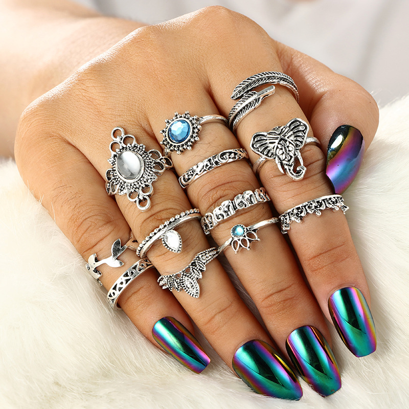 

Boho Ring Set Fashion Retro Crystal Elephant Drop Finger Rings For Women Female Bohemian Jewelry Wedding Anniversary Gifts