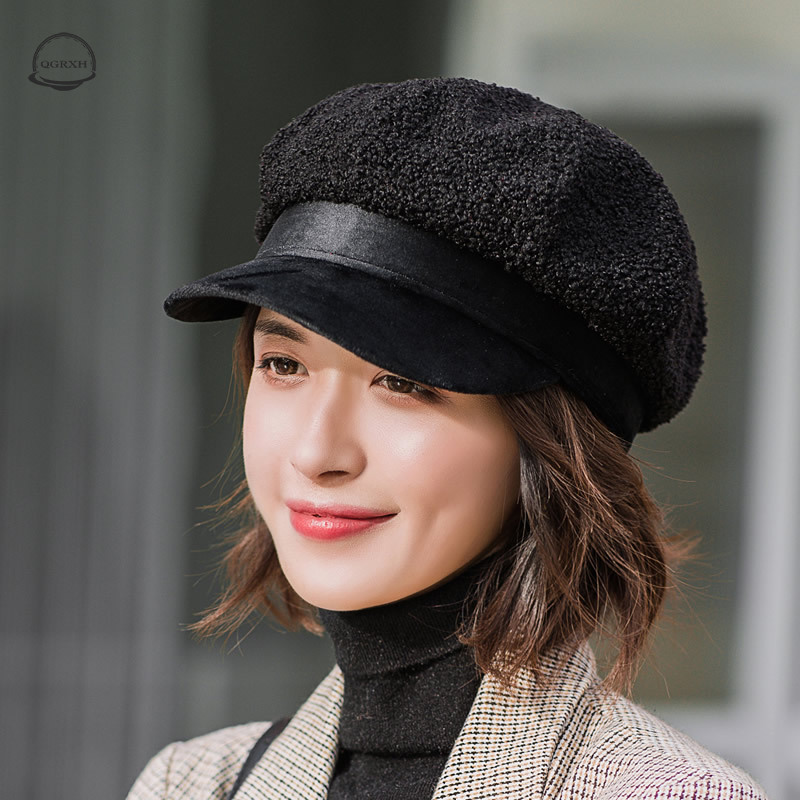 

Fashion Autumn Winter of The Octagonal Hat with Solid Color Short Brim Caps Ladies Retro Woolen Painter Hats Solid Color Berets, Black