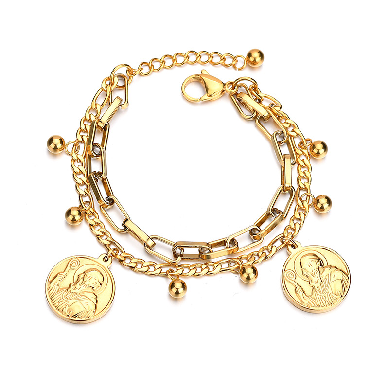 

2Color Double Layer Titanium Stainless Steel Religious Bracelet For Women Gold Color Beads Bracelets Jesus Pendant Lady Jewelry
