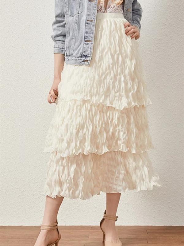 

Sweet WomensLayered Ruffles Midi Skirt 2020 New Elastic Vintage Fashion Lady Long Skirts 2020 New, B white
