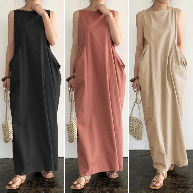 

Elegant Solid Maxi Dress Women's Summer Sundress ZANZEA 2020 Casual Sleeveless sarafans Vestidos Female Cotton Robe Plus Size, Beige