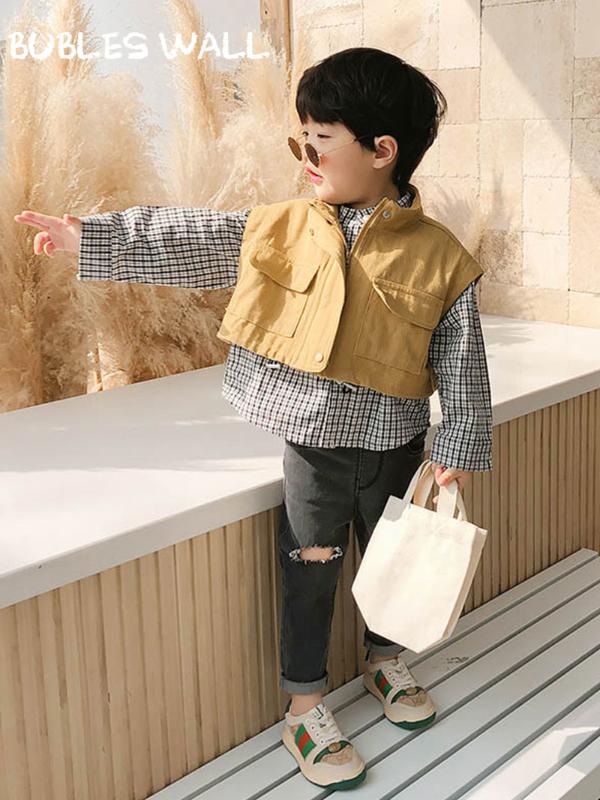 

Big Pocket Khaki Vests Fashion Kids Swag Sleeveless Jacket + Plaid Shirt Clothes Sets for Boys 2020 Autumn Street Outfits