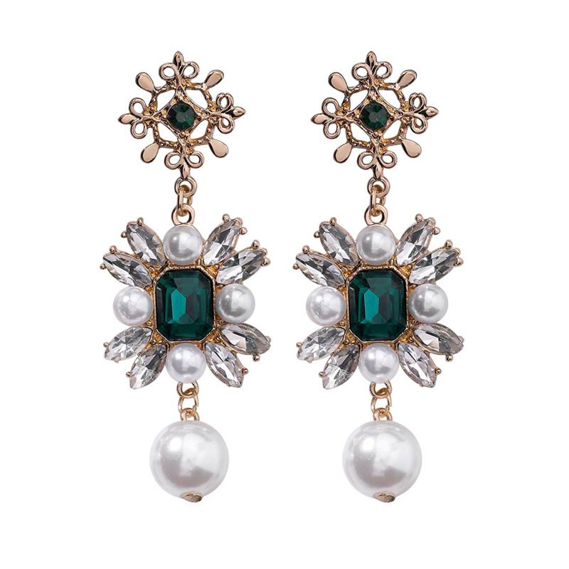 

EARS HIGH New Luxury Green Rhinestone Charm Pearl Pendant Drop Earrings for Women Vintage Korean Long Earring Statement Jewelry