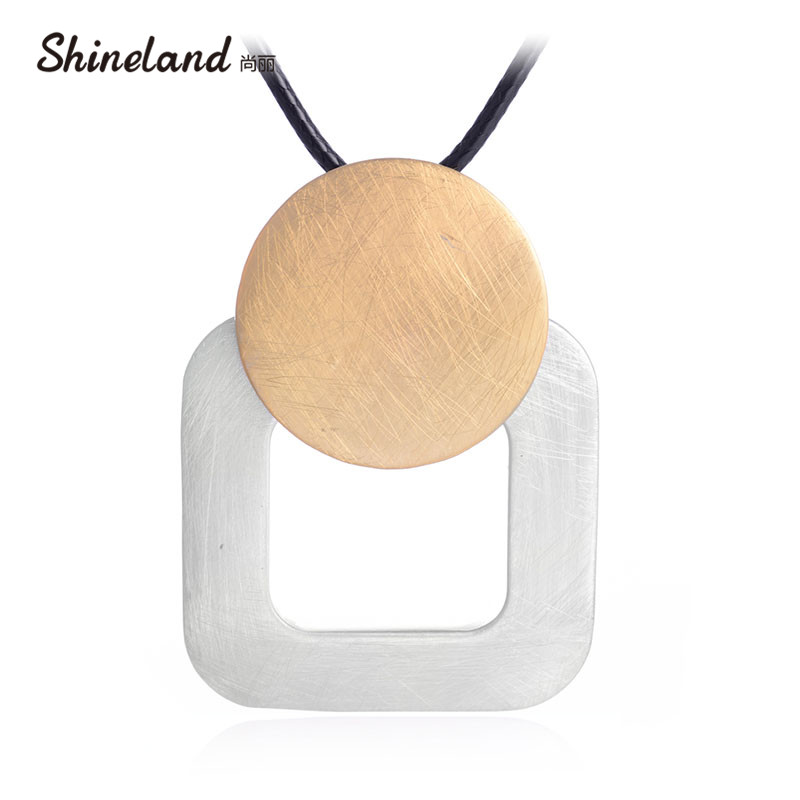 

Shineland 2020 Punk Black PU Leather Handmade Wire Drawing Round Square Long Necklace Pendant for Women Unisex Statement Bijoux