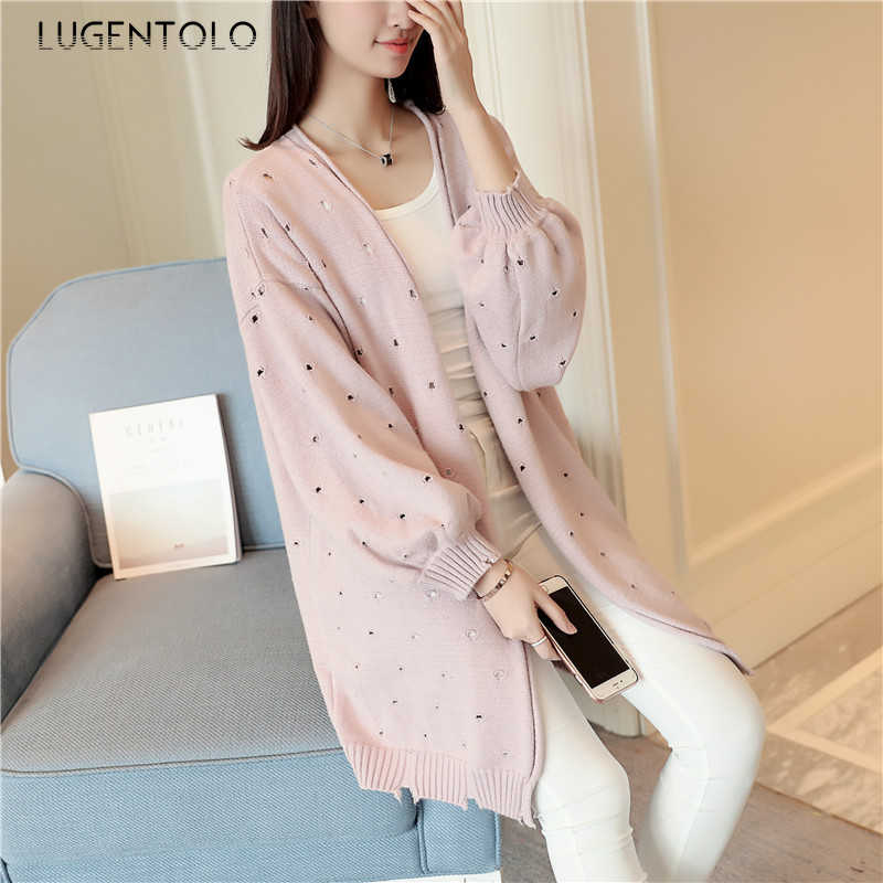 

Lugentolo Women Sweater Korean Loose Solid Color New Autumn Winter Lantern Sleeve Ripped Knitted Cardigan Sweater Lady Sweaters, Black
