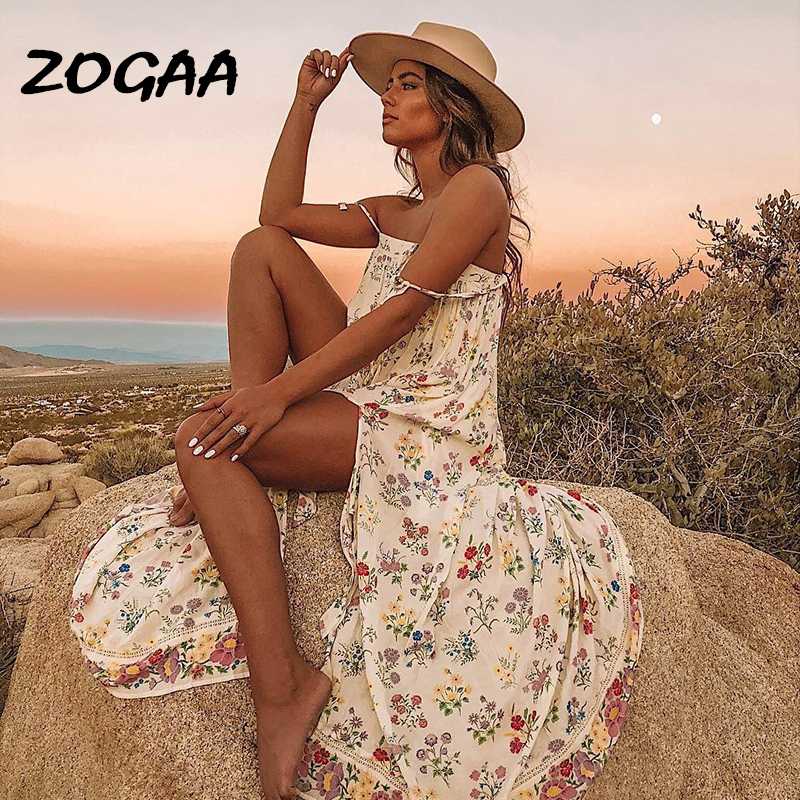 

ZOGAA Bohemian 2020 Summer Beach Dress Sexy Sleeveless Flower Print Dresses Holiday Casual Loose Split Plus Size Party Dress, White