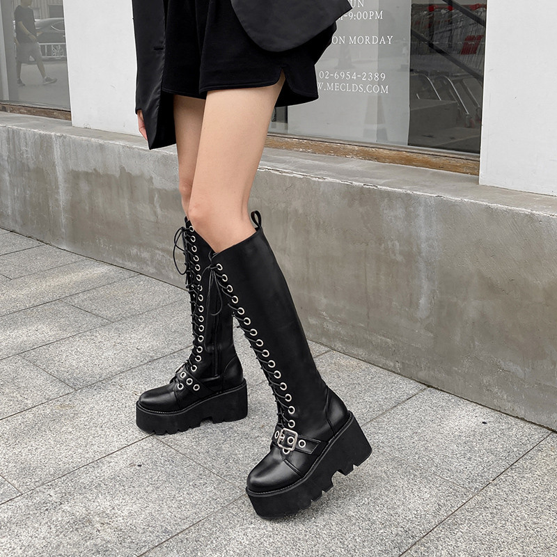 

YMECHIC Sexy Motorcycle Thigh High Boots Buckle Platform Cross-tied Knee High Botas 2020 Winter Shoes Woman Drop Shipping Black