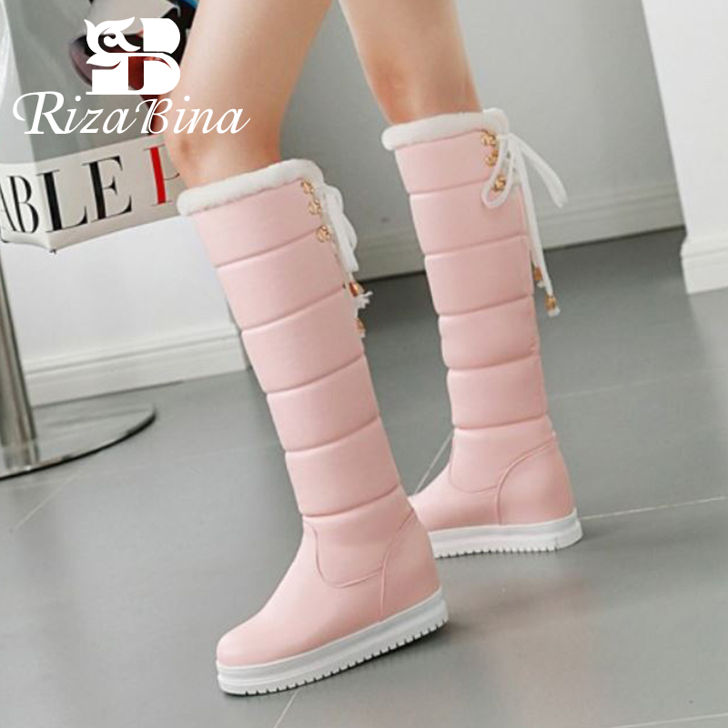 

RIZABINA Winter Fur Warm Snow Boots Knee High Boots Round Toe Height Increasing Shoes Lace Up Sweet School Size 34-43, Black