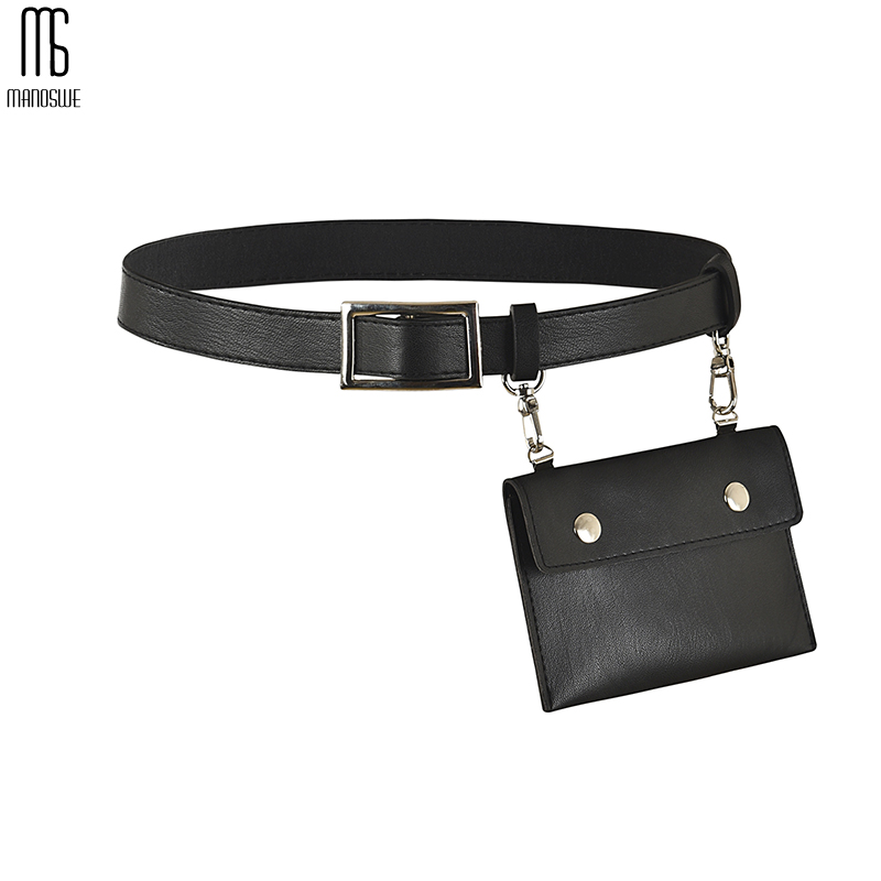 

Manoswe New Women Waist PU Leather Belt Bag 2020 Solid Color Square Buckle Fashion Hot Sale Belt Accessories, Black