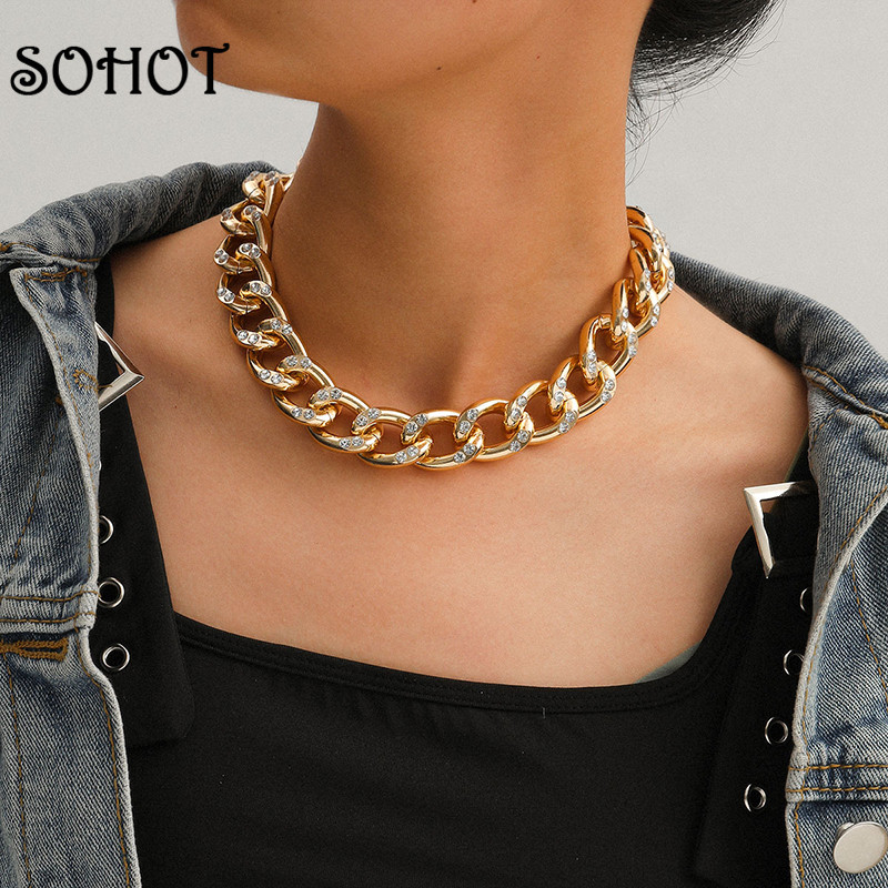 

SOHOT European Minimalist Punk Wide Alloy Women Choker NeckLace Chic Micro Zircon For Female Birthday Party Charming Jewelry