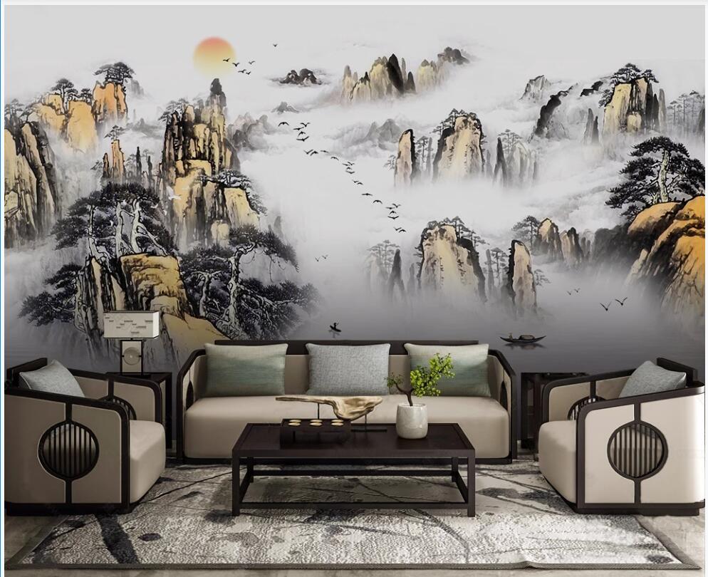 

wall paper 3 d custom photo mural on the wall Chinese ink painting golden mountain landscape home decor photo wallpaper in the living room, Non woven wallpaper